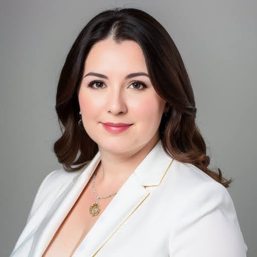 professional portrait of a white woman with white suit