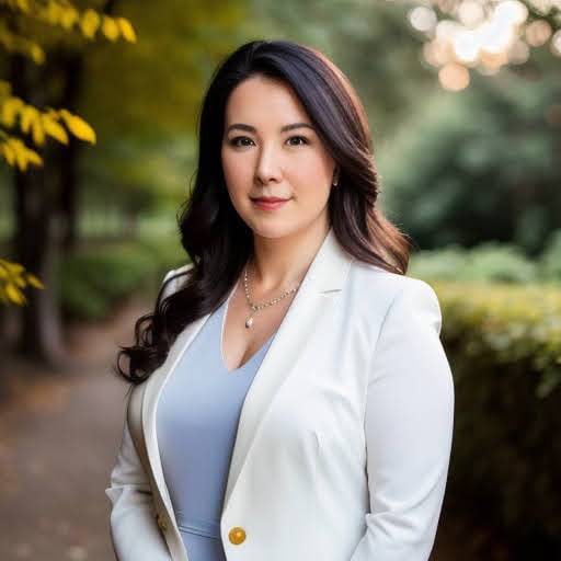 professional headshot of a white girl with white suit and park background