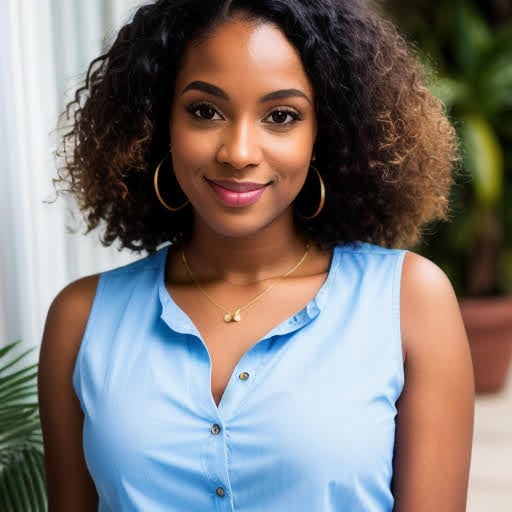 woman actor headshot with blue shirt