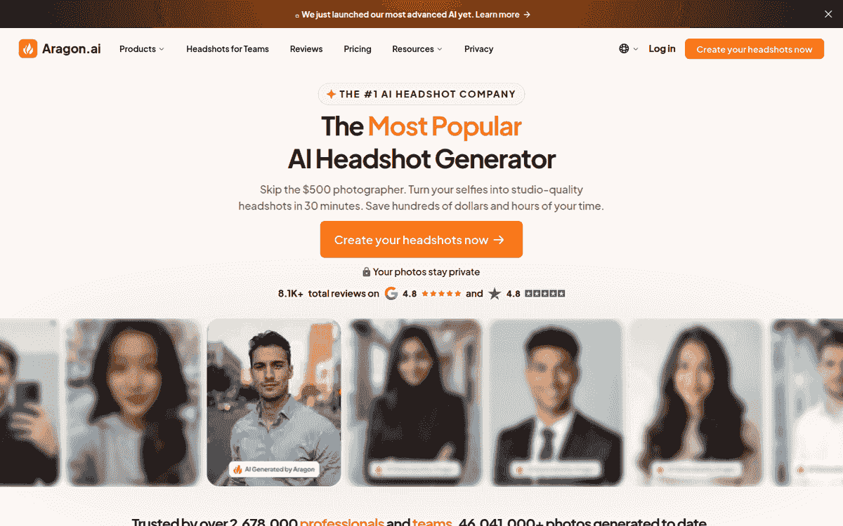 Aragon AI homepage with its orange signup button and a row of professional portrait examples