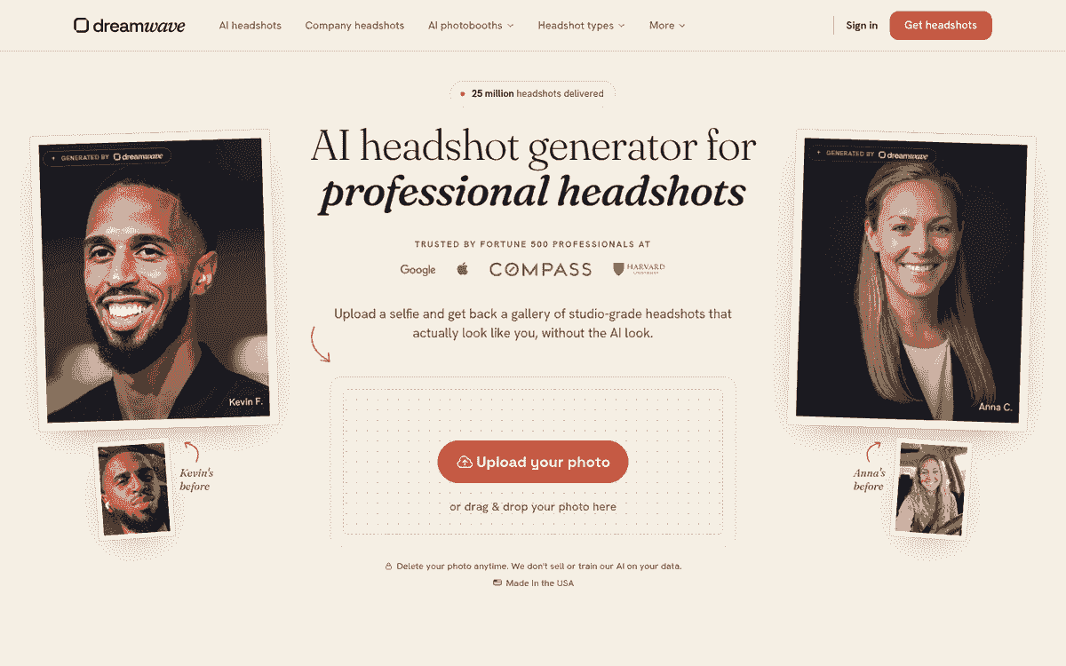 Dreamwave AI homepage with 2 framed headshots, their source selfies and a photo upload box