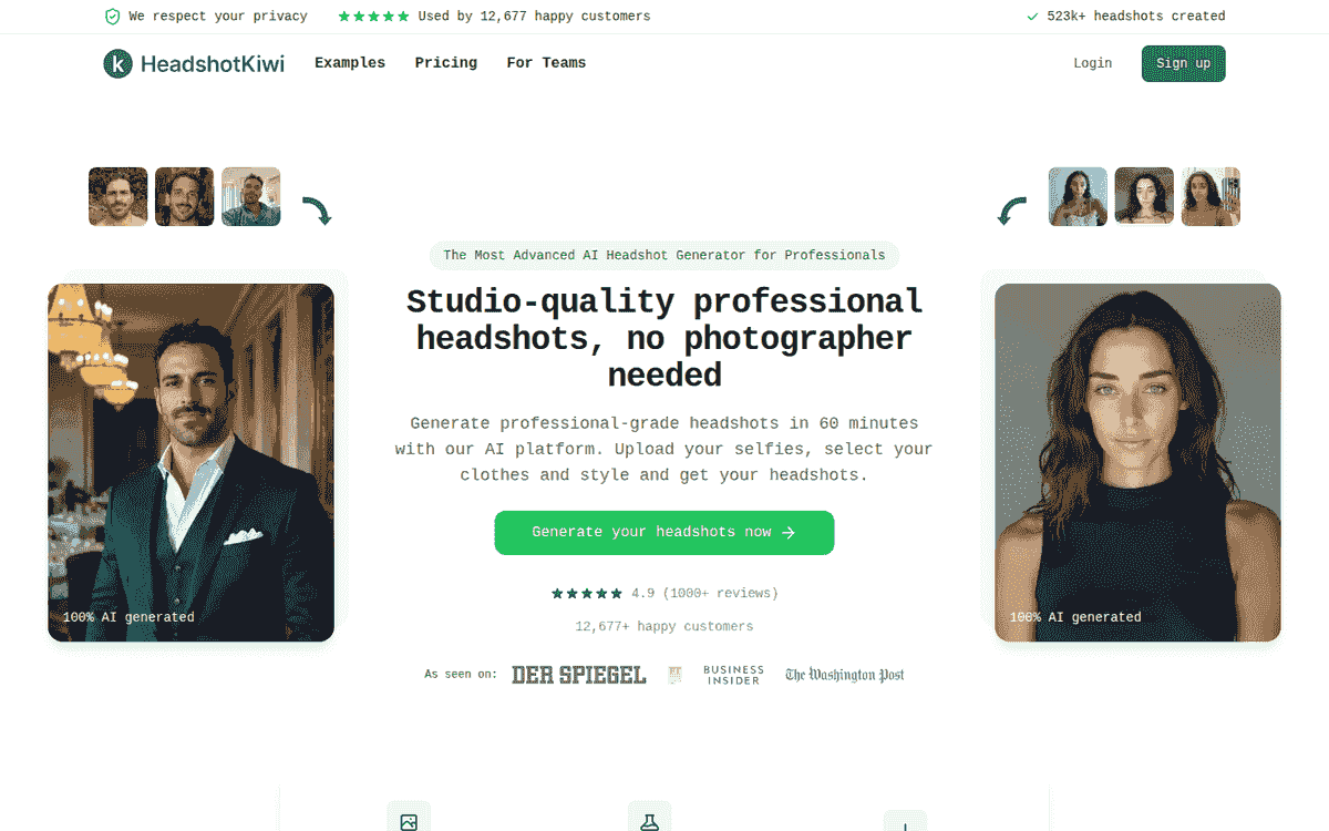 HeadshotKiwi homepage with 2 formal portraits, selfie thumbnails and a green generation button
