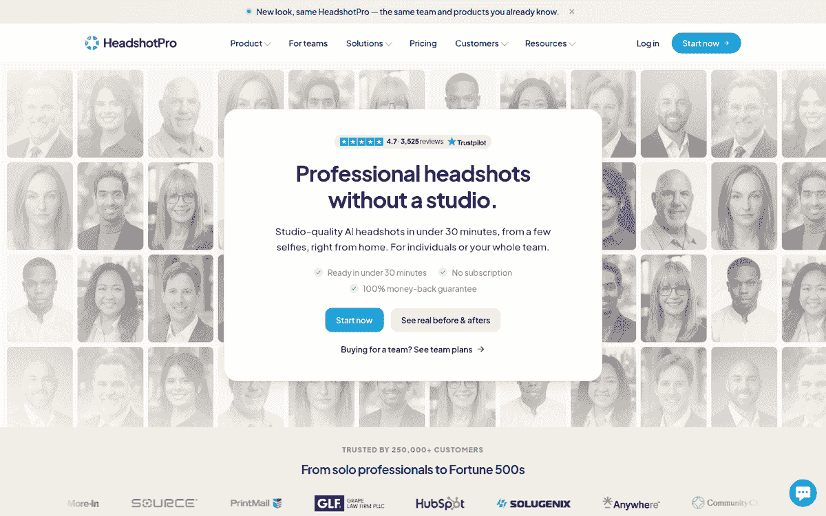 HeadshotPro homepage with a central signup panel over a grid of business portraits