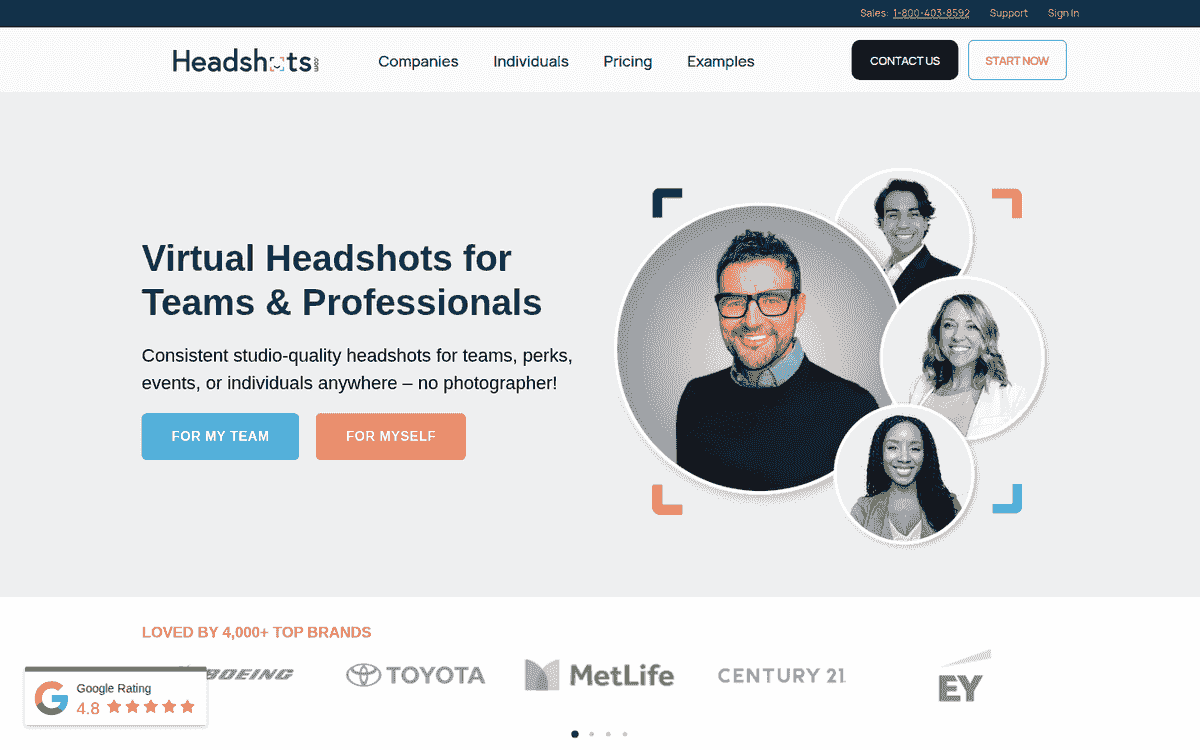 Headshots.com homepage with 4 circular professional portraits beside team and individual buttons