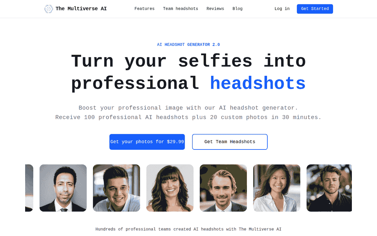 The Multiverse AI homepage with a row of 6 professional headshots beneath its $29.99 button