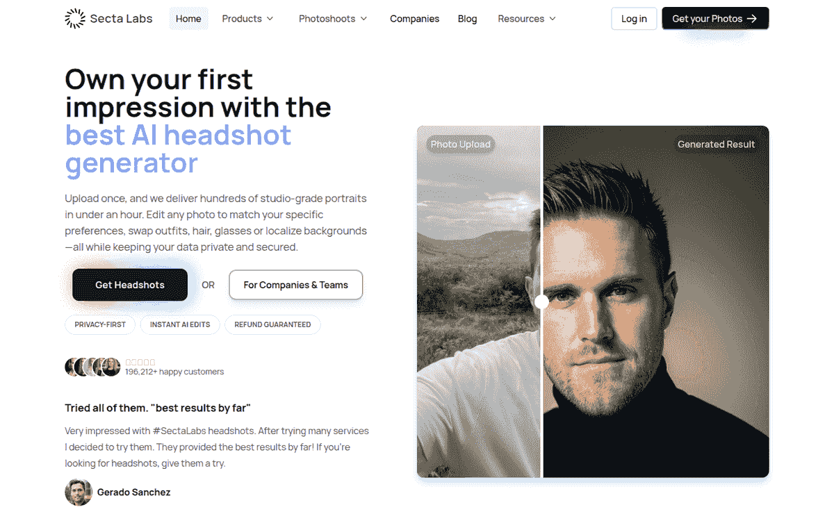 Secta Labs homepage with a photo upload and generated portrait comparison of a man