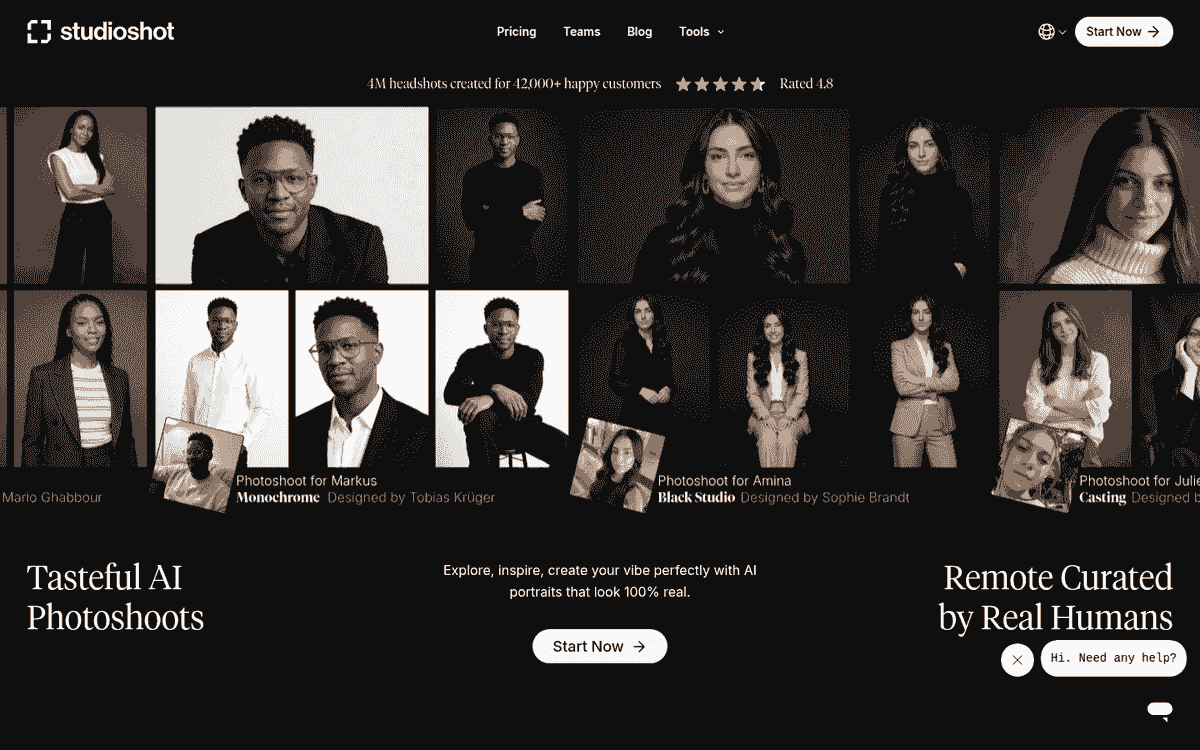 StudioShot homepage showing a dark collage of office portraits and source selfies