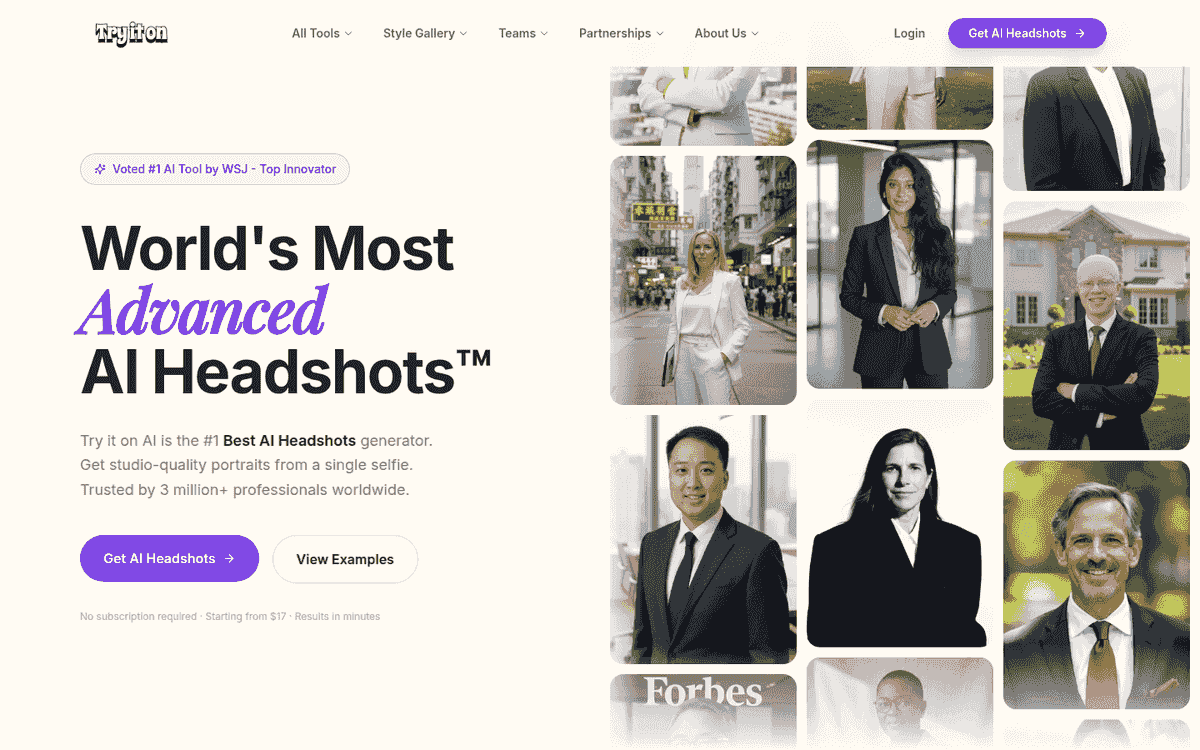 TryItOn AI homepage with a headline and a Get AI Headshots button on the left, beside a grid of example business portraits