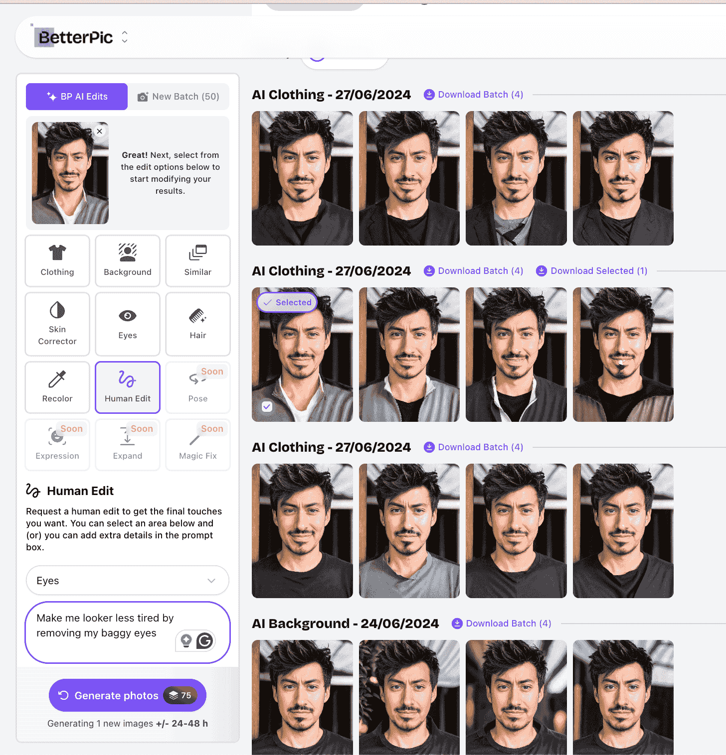BetterPic human editing interface for AI headshot touch-ups